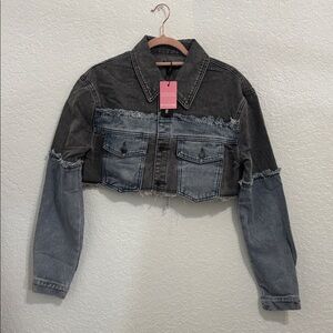PrettyLittleThing Black and Gray Cropped Denim Jacket